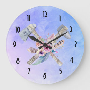 Tomahawk Feathers and Blume Aquarelldesign Große Wanduhr
