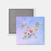 Tomahawk Feathers and Blume Aquarelldesign Magnet (Vorderseite/Rückseite)