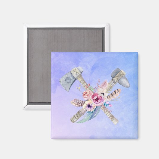 Tomahawk Feathers and Blume Aquarelldesign Magnet (Vorderseite/Rückseite)