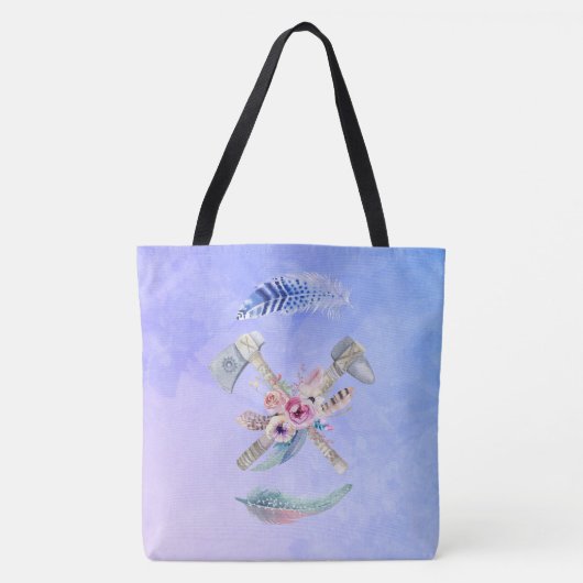 Tomahawk Feathers and Blume Aquarelldesign Tasche (Vorderseite)