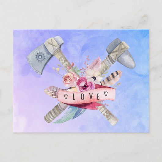 Tomahawk Hammer und Blume Aquarellgestaltung Postkarte (Vorderseite)