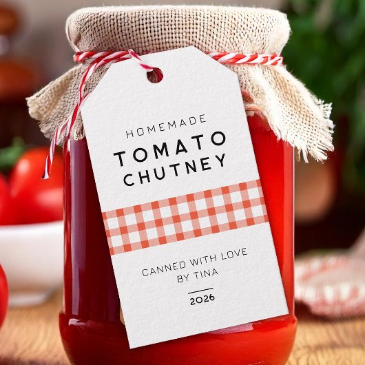 Tomate Chutney, hausgemacht mit karierten Mustern Geschenkanhänger