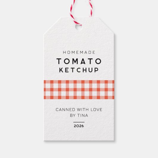 Tomate Ketchup, hausgemacht mit karierten Mustern Geschenkanhänger (Vorderseite)