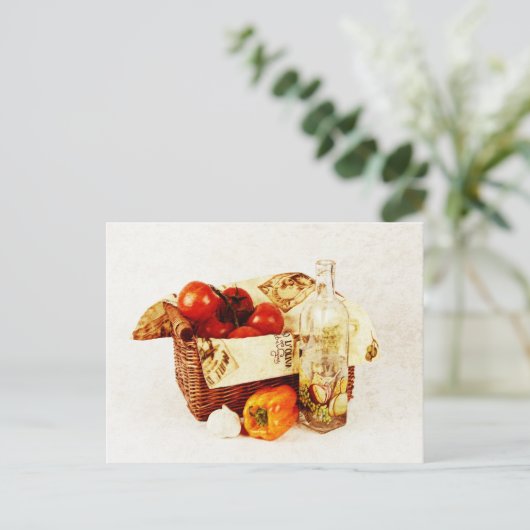 Tomaten in einem Korb und Olivenöl Postkarte (Stehend Vorderseite)