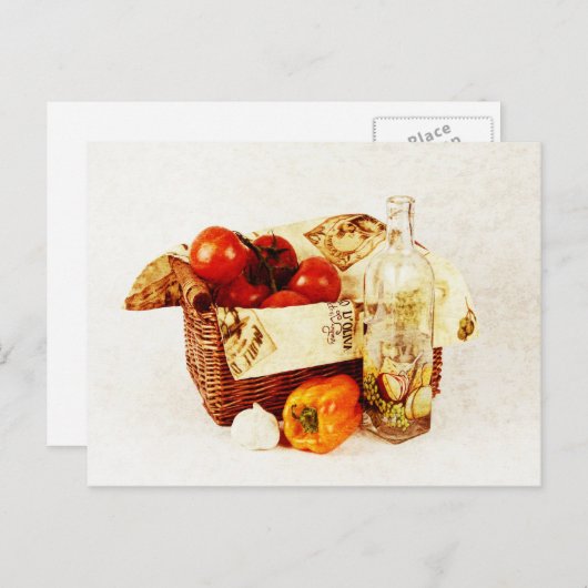 Tomaten in einem Korb und Olivenöl Postkarte (Vorne/Hinten)