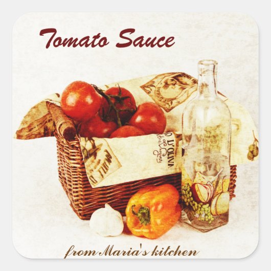 Tomatensauce - Tomaten in einem Korb Quadratischer Aufkleber (Vorderseite)