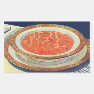 Tomatensuppe mit Erbsen, altes Essen Rechteckiger Aufkleber