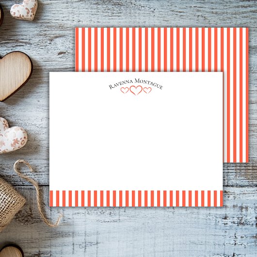 Tomato Modern Open Hearts Striped Note Card Mitteilungskarte