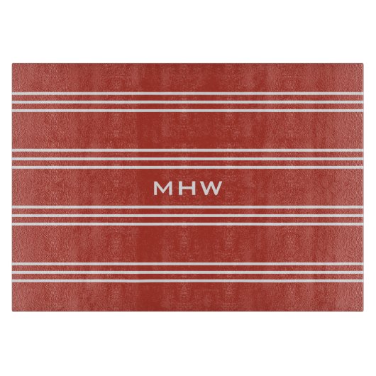 Tomato Red Strips maßgeschneiderte Monogramm-Schne Schneidebrett (Vorderseite)