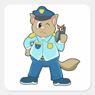 Tomcat als Polizeibeamter mit Uniform & Mikrofon Quadratischer Aufkleber