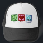 Tomographin Peace Liebe Tomographie Truckerkappe<br><div class="desc">Peace Liebe Tomography. Ein niedliches Tomographengeschenk für einen CT-Scan-Techniker oder Technologen,  der mit einem Tomographen arbeitet.</div>
