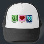 Tomographin Peace Liebe Tomographie Truckerkappe<br><div class="desc">Peace Liebe Tomography. Ein niedliches Tomographengeschenk für einen CT-Scan-Techniker oder Technologen,  der mit einem Tomographen arbeitet.</div>