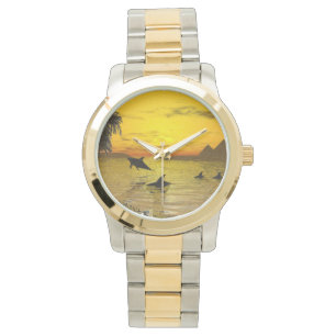 Ton-Uhr des Delphin-Sonnenuntergang-zwei Armbanduhr