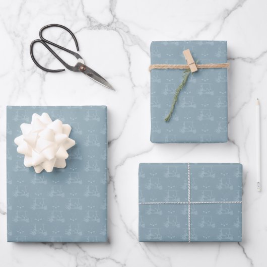 Tonal-Golfkarren & Schläger auf Hellgrau Azure Geschenkpapier Set (Vorderseite)