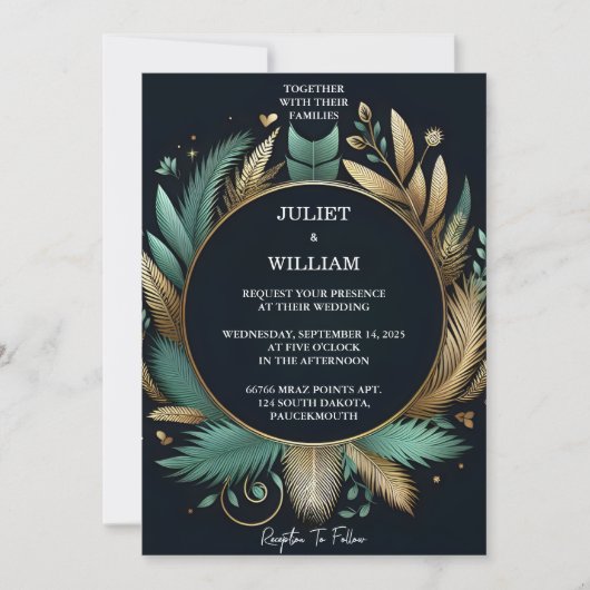 Tone Wreath Palm Tree Beach Green und Gold Hochzei Einladung (Vorderseite)