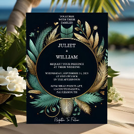 Tone Wreath Palm Tree Beach Green und Gold Hochzei Einladung