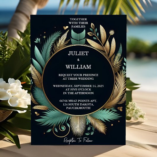 Tone Wreath Palm Tree Beach Green und Gold Hochzei Einladung