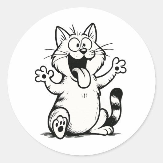 "Tongue Out, Paws Up!" – Funny Cartoon Cat Runder Aufkleber (Vorderseite)