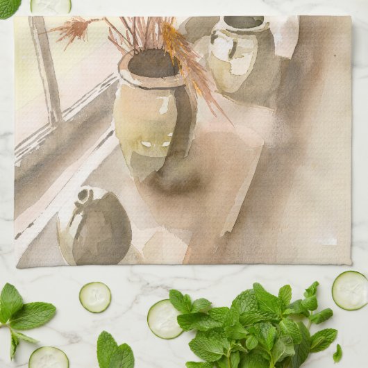 Tonwaren im Fenster-Aquarell auf Geschirrtuch (Gefaltet)
