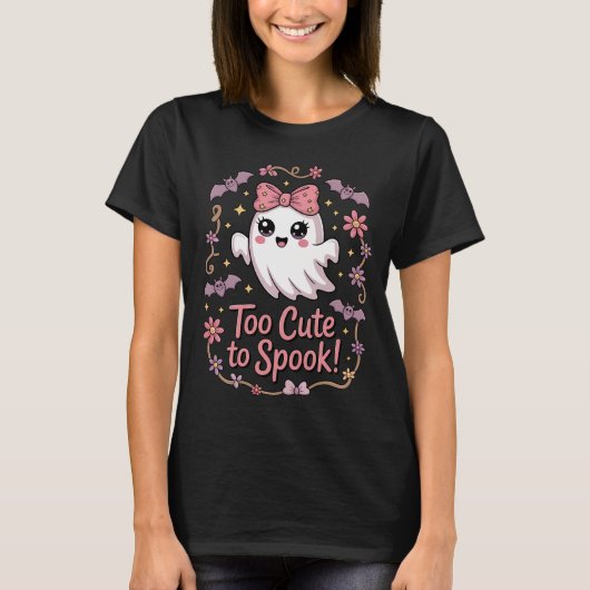 Too Cute To Spook Kawaii Ghost Pink Bow Halloween T-Shirt (Vorderseite)