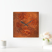 Tooled Western Leather Roses Clock Quadratische Wanduhr (Zuhause)