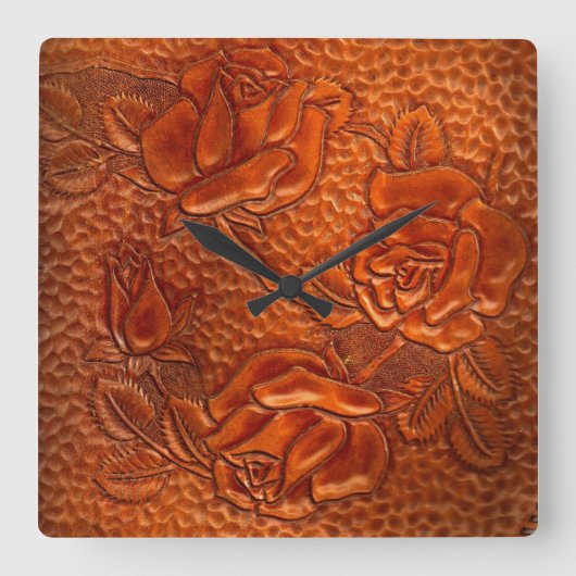 Tooled Western Leather Roses Clock Quadratische Wanduhr (Vorderseite)