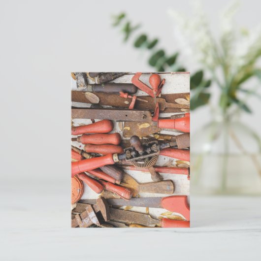 Tools Antiquitätenwerkzeug Rustikal Roter Mann Postkarte (Stehend Vorderseite)