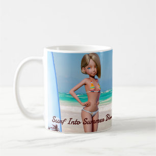 Toon Surfer Girl Posing an der Küste Kaffeetasse