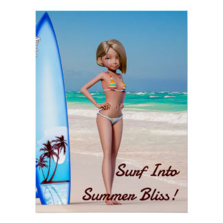 Toon Surfer Girl Posing an der Küste Poster