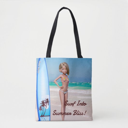 Toon Surfer Girl Posing an der Küste Tasche (Vorderseite)