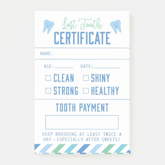 Tooth Fairy Keepake Certificate Boy Post-it Klebezettel (Vorderseite)
