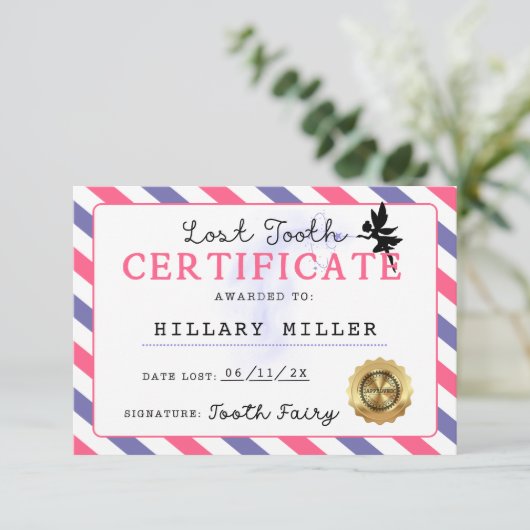 Tooth Fairy Lost Tooth Certification Printable Einladung (Stehend Vorderseite)