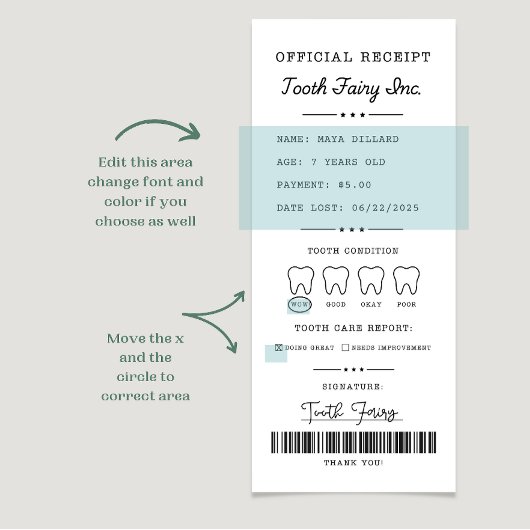 Tooth Fairy Receipt Printable Editable Einladung