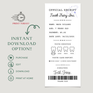 Tooth Fairy Receipt Printable Editable Einladung
