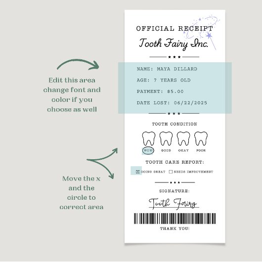 Tooth Fairy Receipt Printable Editable Einladung