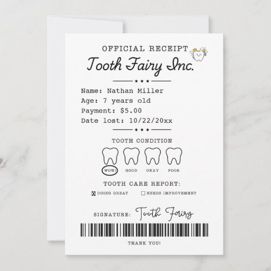 Tooth Fairy Receipt Printable Einladung (Vorderseite)
