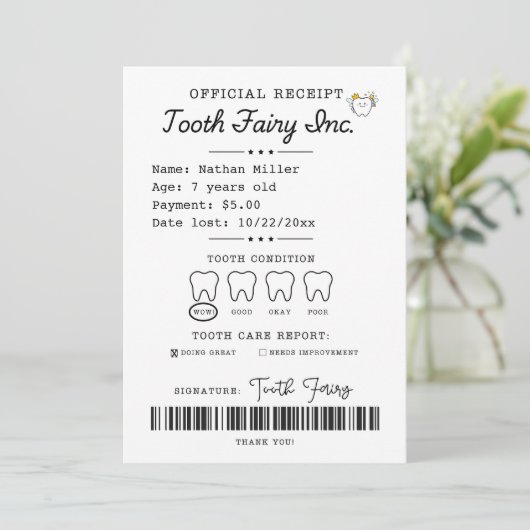 Tooth Fairy Receipt Printable Einladung (Stehend Vorderseite)