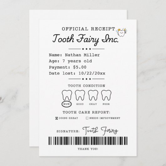 Tooth Fairy Receipt Printable Einladung (Vorne/Hinten)
