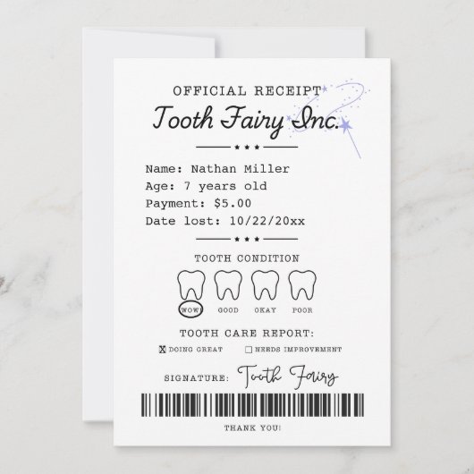 Tooth Fairy Receipt Printable Einladung (Vorderseite)