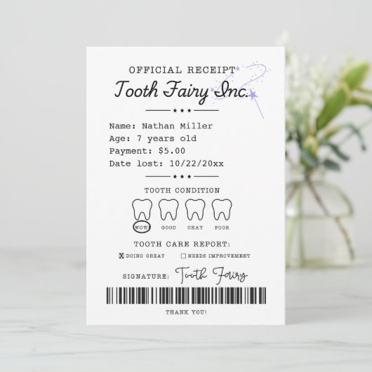 Tooth Fairy Receipt Printable Einladung (Stehend Vorderseite)