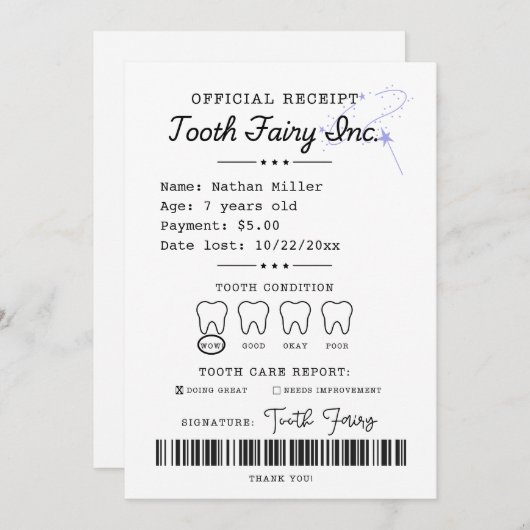 Tooth Fairy Receipt Printable Einladung (Vorne/Hinten)