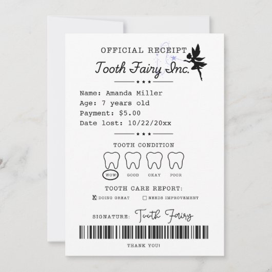 Tooth Fairy Receipt Printable Einladung (Vorderseite)