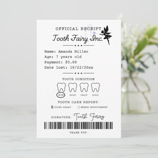 Tooth Fairy Receipt Printable Einladung (Stehend Vorderseite)