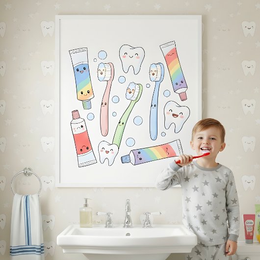 Toothbrush Party Kids Bathroom Wall Art Poster
