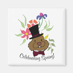 Top Hat Bow Krawatte Spring Flowers Groundhog Magnet