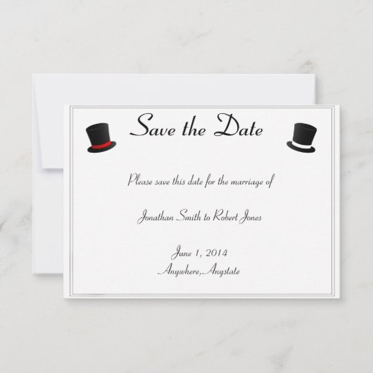 Top Hats und Bow Krawatte Gay Wedding Save the Dat Date (Vorderseite)