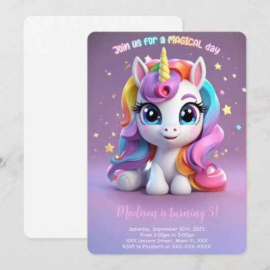 Top Rainbow Unicorn Geburtstag Einladung (Vorne/Hinten)