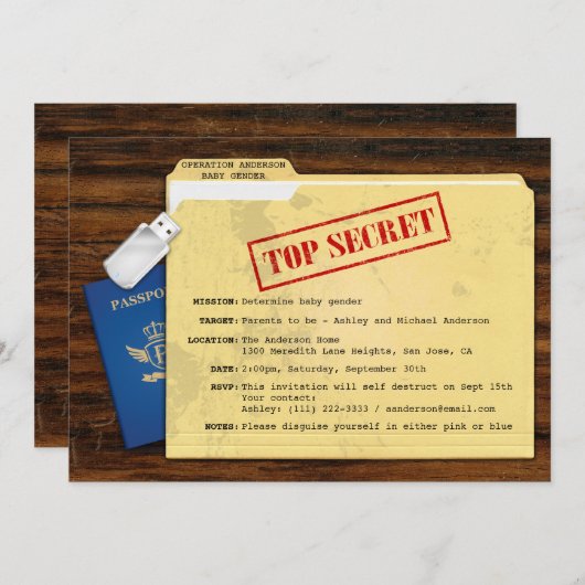 Top Secret Agent Mission Baby Gender Reveal Party Einladung (Vorne/Hinten)