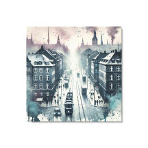 Top Street View mit Straßenbahnlinien in Aquarell