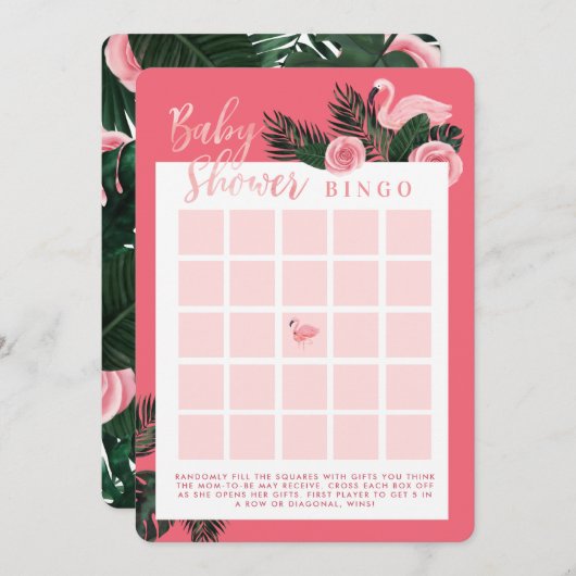Topaktuell rosa Flamingo Baby Shower Bingo Game Ca Einladung (Vorne/Hinten)